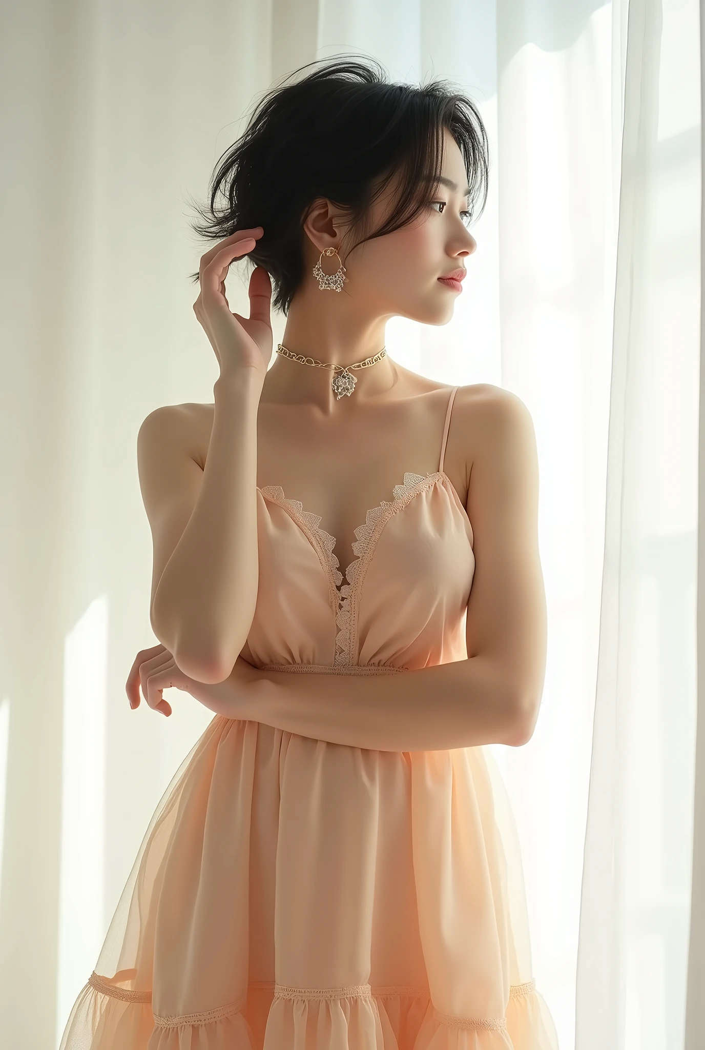 ((best quality)), ((masterpiece)), (detailed), perfect face, Very large breasts, Ultra-high resolution room, 8k, Perfect body, Head-up display, Ergonomic, Small face, Long eyelashes, Glittery pink lips, Attention to detail, Cleansing the skin, A face without blemishes, Korean beauty, 20-year-old woman, 1 female, Beautiful pink wedding dress, Bride standing in front of mirror in bridal shop, whole body, (Pink embroidered see-through wedding dress:1.3), Oversized dress, Ridiculously big ,