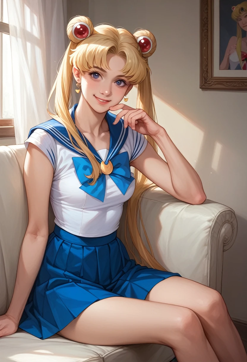 Sailor Moon、Small breasts、Blonde、Twin tails、Ultra-detailed,(Woman:1.4)、Sexy smile、The fingers of one hand are shaped like a cylinder、masterpiece,photo realistic、sitting