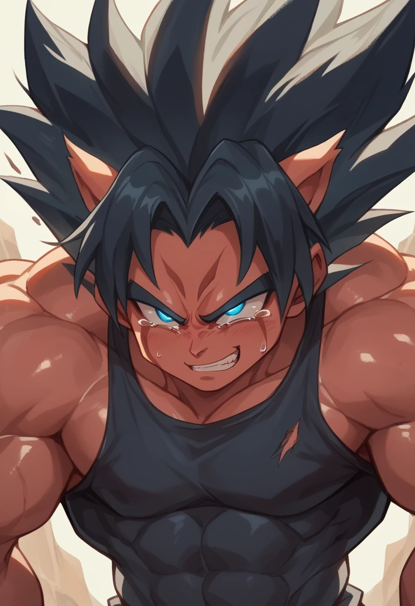 Highest quality,Based on anatomy,Huge muscles,A mix of Vegeta and Kogenta,Devil's Body,Sexually attractive gestures,Shiny skin,Glowing Skin,Being possessed by the devil,Tears,I see the shadow of a black devil entering my body,Exhausted Smile