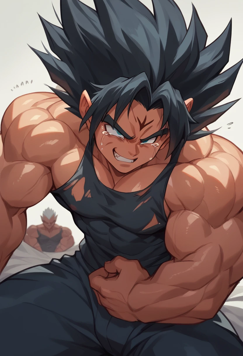 Highest quality,Based on anatomy,Huge muscles,A mix of Vegeta and Kogenta,Devil's Body,Sexually attractive gestures,Shiny skin,Glowing Skin,Being possessed by the devil,Tears,I see the shadow of a black devil entering my body,Exhausted Smile