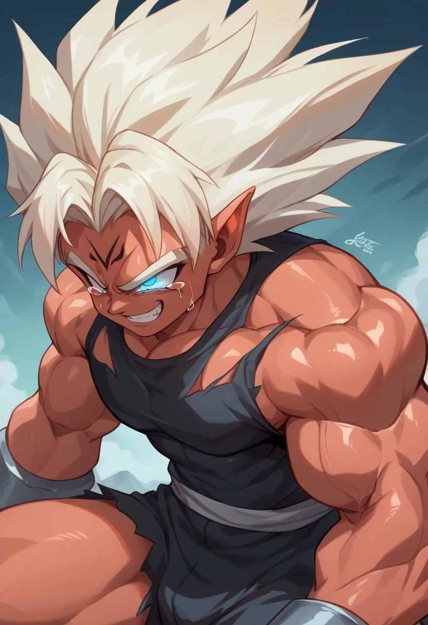 Highest quality,Based on anatomy,Huge muscles,A mix of Vegeta and Kogenta,Devil's Body,Sexually attractive gestures,Shiny skin,Glowing Skin,Being possessed by the devil,Tears,I see the shadow of a black devil entering my body,Exhausted Smile