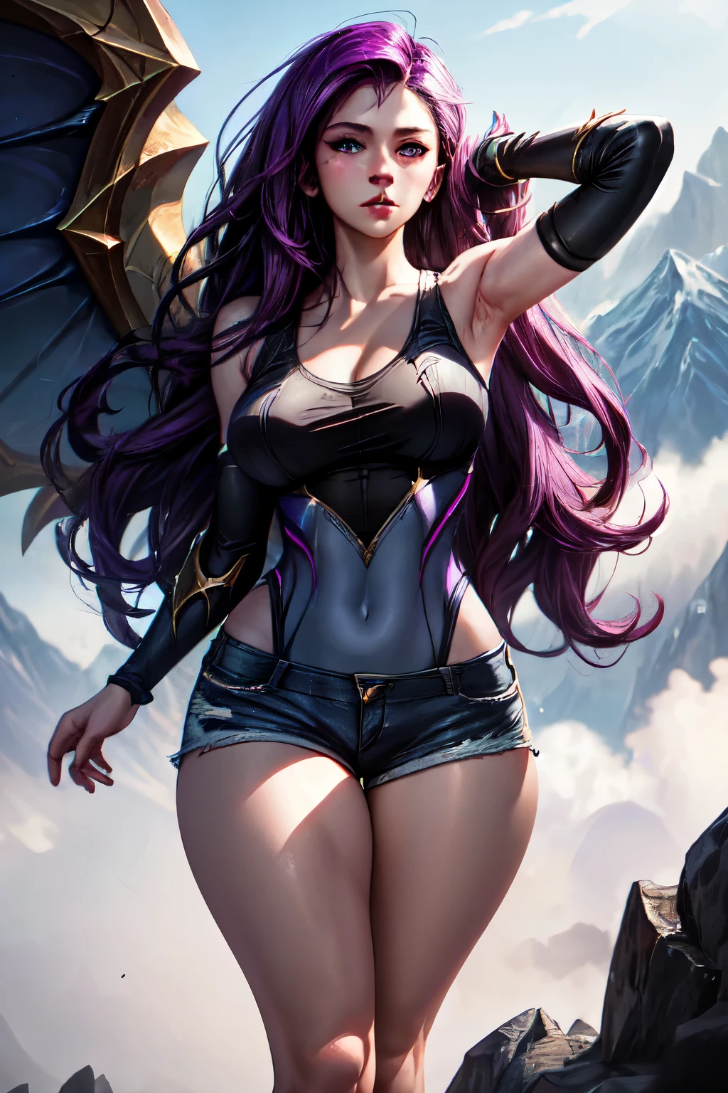 kaisa league of legends, fully body, perfectbody, with a short tank top,shorts bodycon, Super long hair, face detailed, on a mountain, high resolution, super detaill, 8k, Overview
