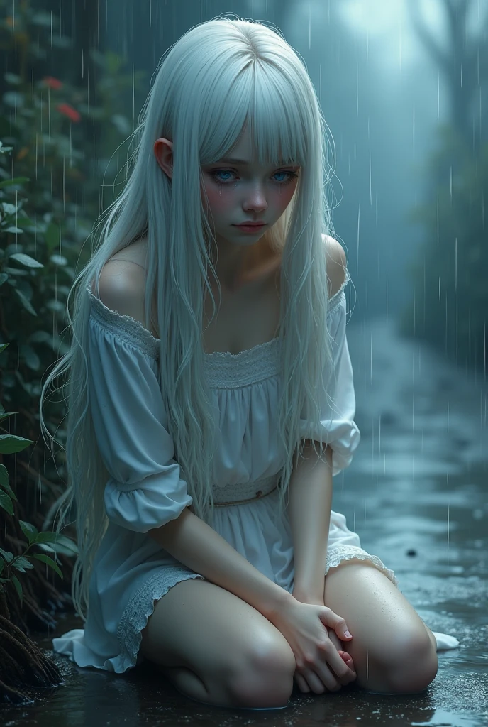 photorealistic,Realistic illustration in Modelshoot style,((masterpiece)),((The best quality)),((Ultra Quality)),((ultra detailed)),((1girl long white hair)),((Only)),((waifu:1.5)),Perfect anatomy,perfect hands,beautiful cuerpo,beautiful_method,ulzzang-6500-v1,e-chica,((Exceptionally Beauty Waifu Princess Tifa Lockhart))Actual photo、Highest im年 quality、Beautiful woman、Beautiful thighs、Beautiful Face、Uniform Ponytail、Yuriko Yoshitaka、Japanese women、pretty girl、skirt、Beautiful thighs、pumps、Sit on a chair、(front:1.6)、(Open your knees:1.4)、Panty shot、,((bright-pink_eyes)),long wavy hair, ((white hair)),hair clips,eyeliner,cute makeup,lipstick,Glossy lipstick,with a look of terror, worry and sadness,((eyes detallados perfectos)),rainy with fog outside,evening,pink theme,bioluminiscencia,light particles,((Extremely CG Unity 8K Wallpaper)),((cinematic lighting,Best quality lights)),intricate details,Suave,sharp focus,Extremely beautiful and aesthetic,Octane rendering,Full length portrait,damp skin,((Perfect detailed body)),