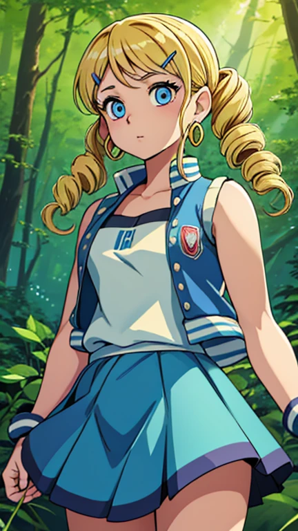 (Teens:1girl: ppgzbb), (extremely detailed CG unit 8k wallpaper),(master part), (best quality), (ultra detail), (best illustration),(digital art), cowboy shot, (Sharp eyeliner, ombre, detailed eyes:1), forest, outdoor, ,break , (takahashi rumiko), upper body, (blonde hair, twin drills, hairclip, earrings, vest, blue skirt, short skirt),