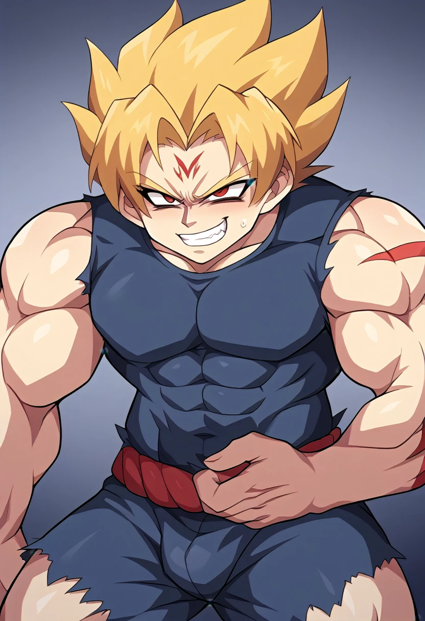 Highest quality,Based on anatomy,Huge muscles,A mix of Vegeta and Kogenta,Devil's Body,Sexually attractive gestures,Shiny skin,Glowing Skin,((The moment the demon takes over your body,Enormous wings and horns growing,A look filled with evil intent)),Grin