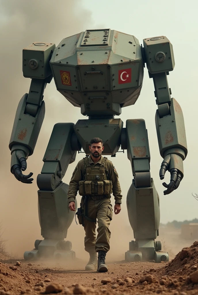 a realistic humanoid machine, a large gun in each hand, medium-sized humanoid machines around it,
the medium-sized machines are holding guns in their hands and pointing a gun at the large machine,
the large machine is ignoring them, a small Turkish flag on the large machine's chest
