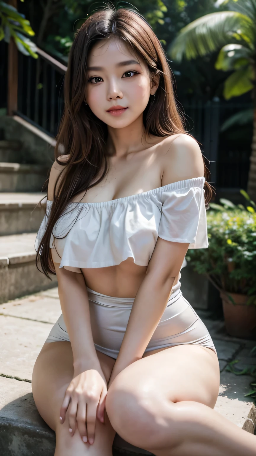 8k,HD,1girl,(shaggy bangs long hair:1.6),(brown white hair:1.8),(huge size breast:1.5),(sexy wondering face:1.5), pretty face,detail skins,realistic detail hairs,realistic face and eyes,Detailed beautiful delicate eyes,long wide lips,glossy lips,mole marks upper lip,pink lips,sensual curve of oral fissure lips,long thin oral commissures,,little cute smile,shiny hair, beautiful girl, ,soft light,realistic background, (from front below view:1.3),