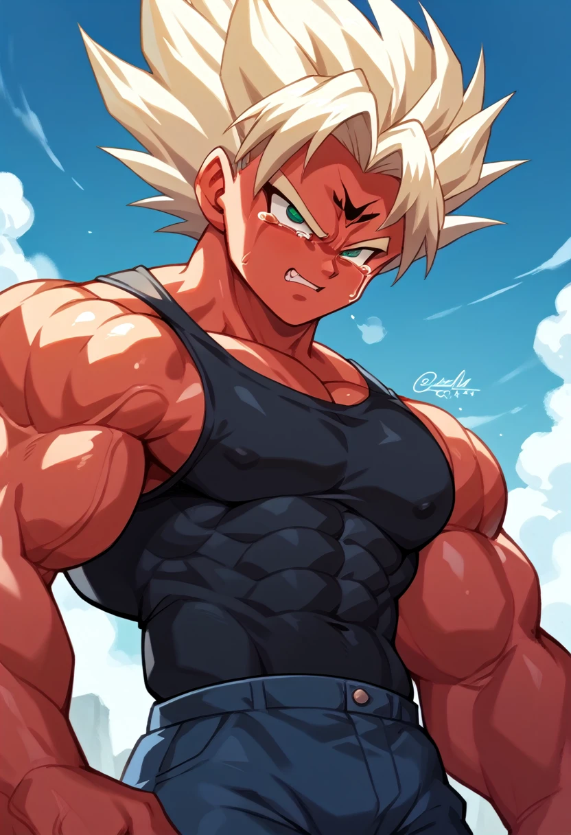 Highest quality,Based on anatomy,Huge muscles,A mix of Vegeta and Kogenta,Devil's Body,Sexually attractive gestures,Shiny skin,Glowing Skin,Being possessed by the devil,Tears,I see the shadow of a black devil entering my body,Grinning from exhaustion