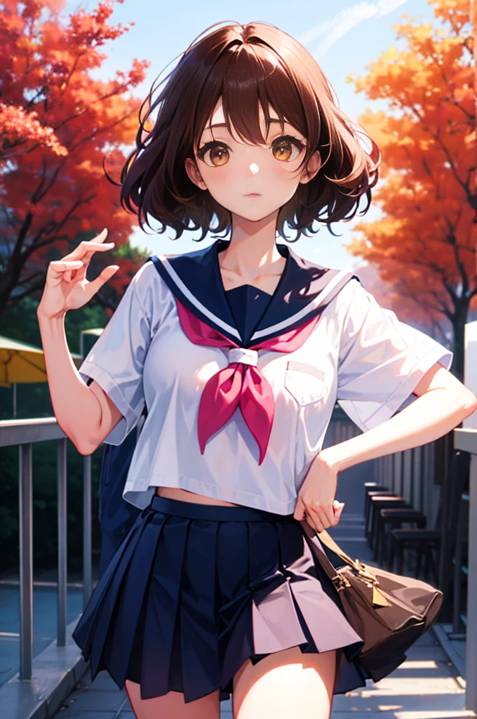 best pictures, Kumiko、masutepiece, 1girl in、​masterpiece、super precision、solo、Kumiko Omae、a park、Beautiful flowers々Park in full bloom、An amusement park、Kitauji High School Uniform, neckerchief, pink neckerchief, Pleated skirt, School uniform, serafuku, Shirt, Short sleeves, Skirt, White shirt、best pictures, Short hair, Wavy Hair、High quality anime girl with brown hair and brown eyes、[3D Images:1.25],[Attractive eyes,A detailed eye、radiant eyes, Colorful eyes:1.1]],Absolute references、Cowboy Shot