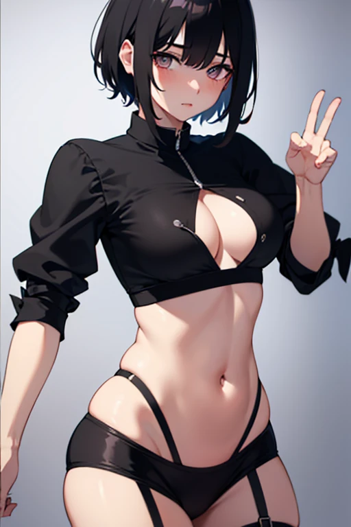 ((highest quality)), ((masterpiece)), (be familiar with),  BLEACH,Soi Fon, 1 girl, alone,  erect nipples, black hair,slanted eyes, Black clothes,jeans, Slender,slender,short hair with long locks, short hair, small breasts, No bra, gloves, put your hand on your waist