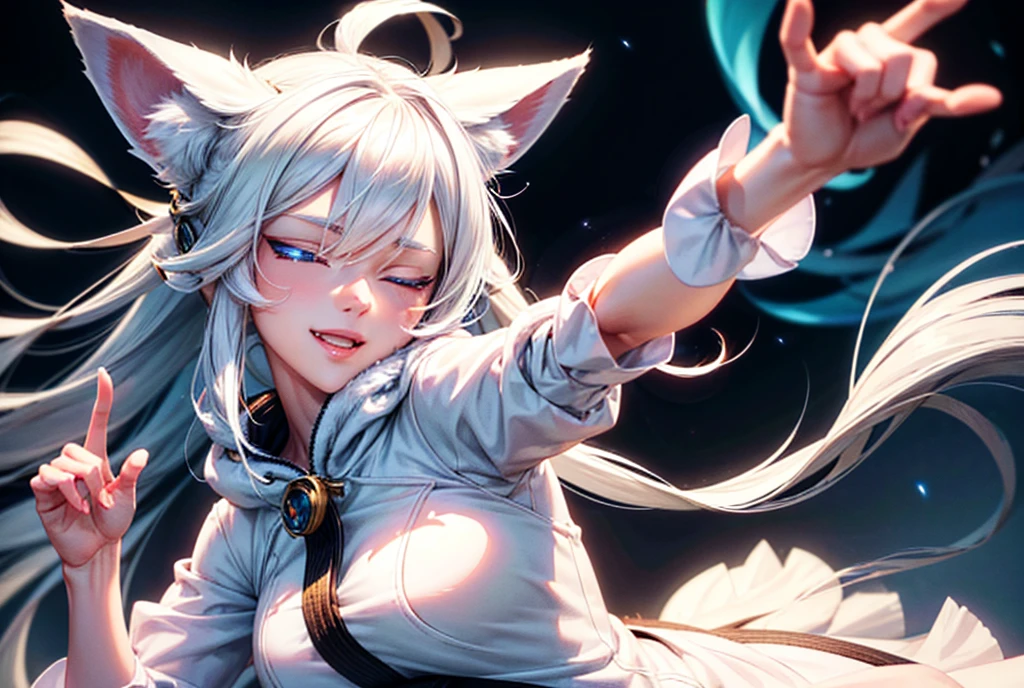 a beautiful detailed anime fox girl with white hair and fox ears, wearing a white hoodie, smiling with her eyes closed, against a simple white background, (best quality,4k,8k,highres,masterpiece:1.2),ultra-detailed,(realistic,photorealistic,photo-realistic:1.37),extremely detailed eyes and face, longeyelashes, detailed fur on ears and tail, detailed clothing textures, dynamic pose, glowing eyes, soft lighting, vibrant colors, beautiful detailed eyes,beautiful detailed lips