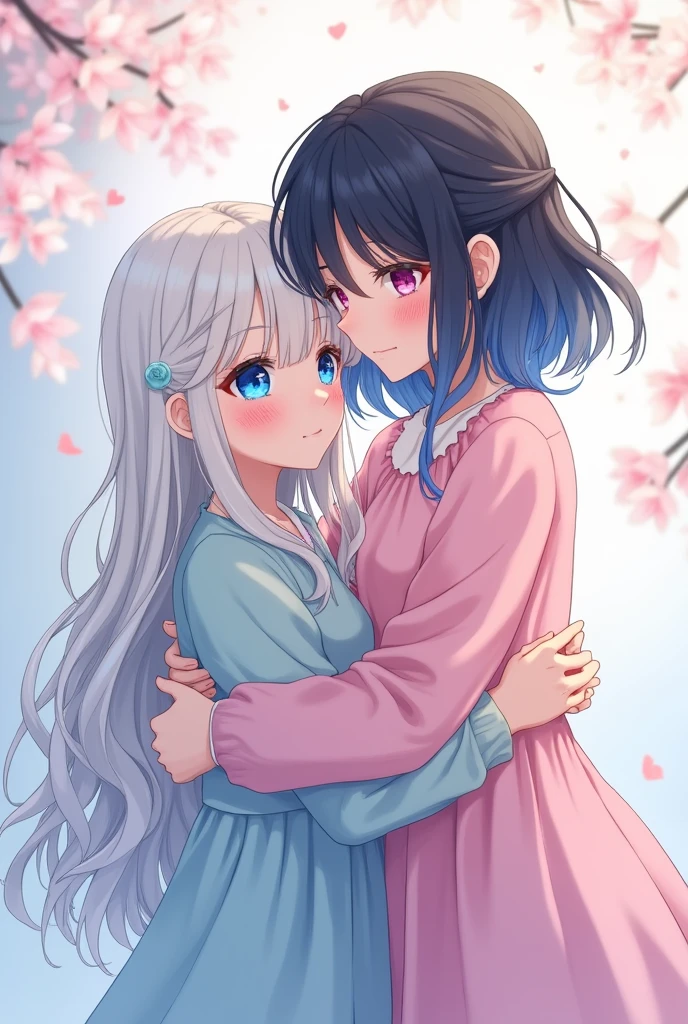 A cute yuri couple phone wallpaper from animes or manhwa... it should have minimalistic colour scheme... it should be a tall girl with white hair back hugging a short girl with blue-black hair (hair should have more black colour) ...
Generate me a picture... more quality the better...