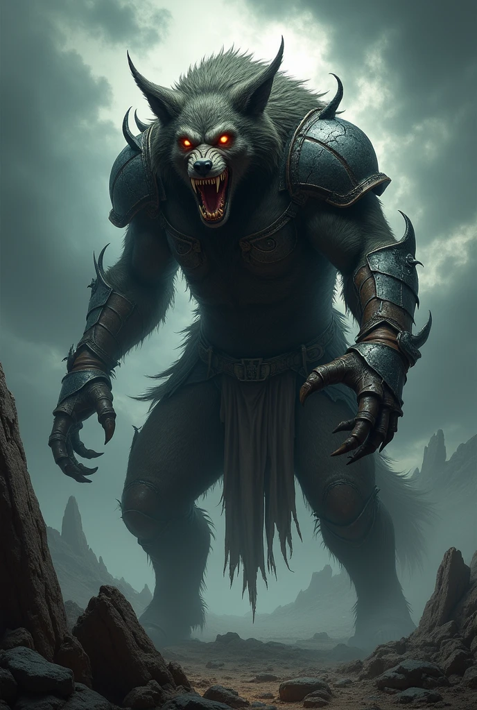 Muscular, strong, black fur, werewolf, golden eyes, naked upper body, wild and violent (Background with withered forest dead trees dark night foggy gloomy environment)