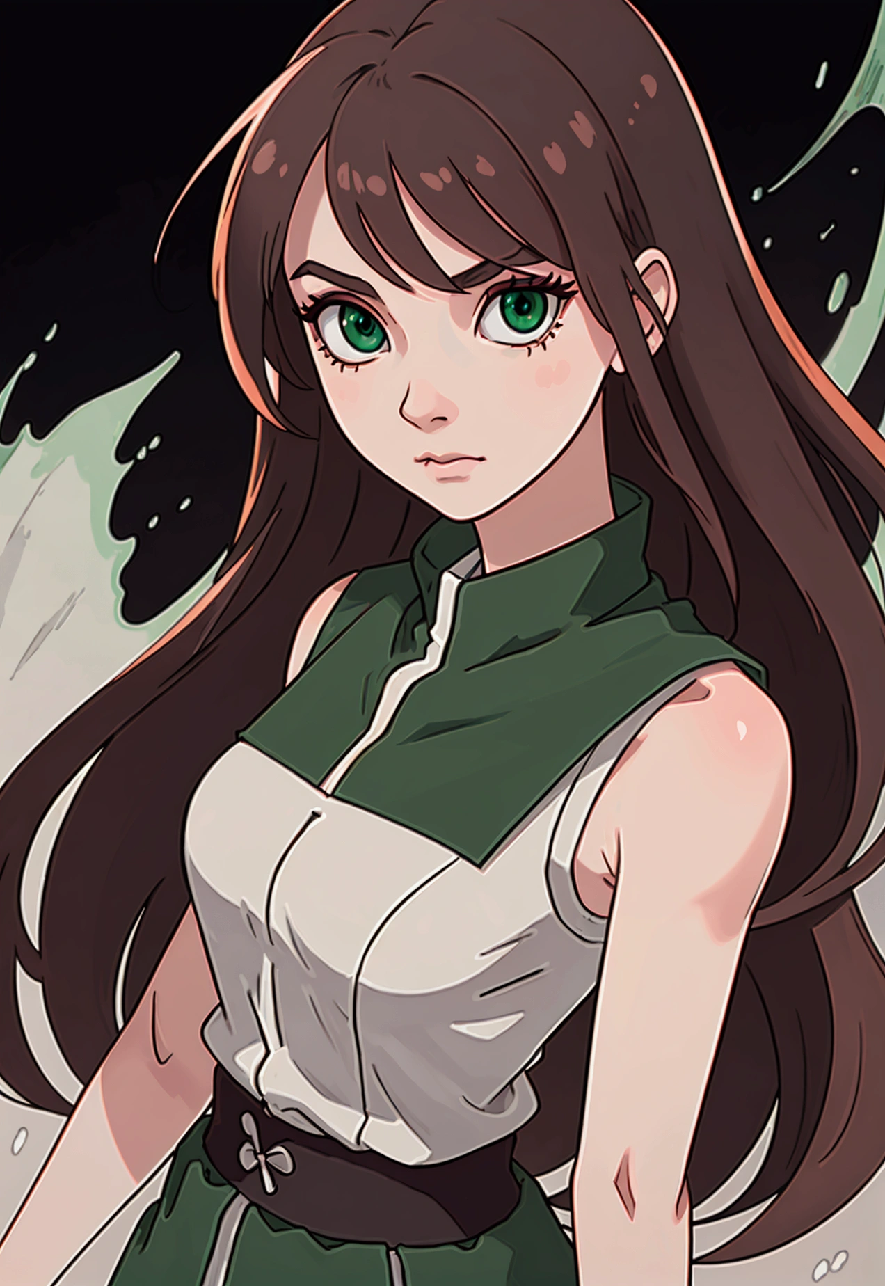 (masterpiece, side lighting, finely detailed emerald eyes : 1.2), simple animated drawing, close-up face view, pale skin, animated, adult female, [emotionless, angry, darkened eyes, long neat hair, side swept bangs, brown hair, wearing a short t-shirt in front and long in back, with a clan symbol on the bottom of the fabric, the shirt is sleeveless and white. Dark red shorts, plain and with pockets. Looking down. View from below. Side pose. Dark field background. She's adult and mature. She's from Naruto Shippuden, manga. Beautiful and attractive. 