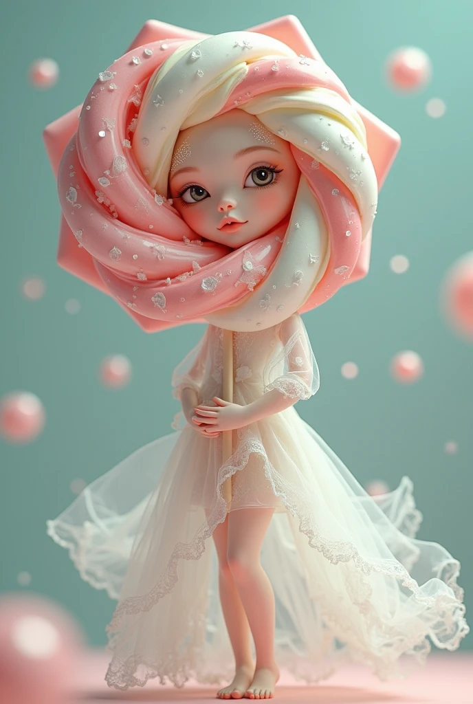 Close-up of a doll in a pink dress and flowers, the girl made out of flowers, made of flowers, inspired by Ray Caesar, with frozen flowers around her, a stunning young ethereal figure, humanoids overgrown with flowers, made of dried flowers, ethereal flowerpunk, Mark Ryden style