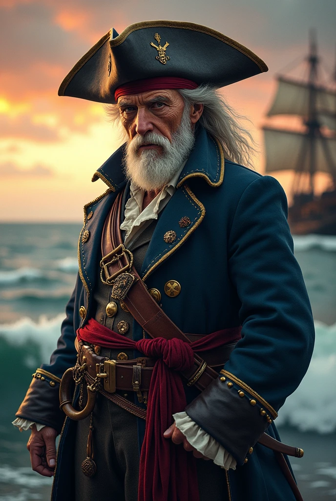 1 man, pirate Capitan, blue eyes, black eye patch on eye, brown hair, long brown beard, blue jacket, white undershirt, belt, on a ship