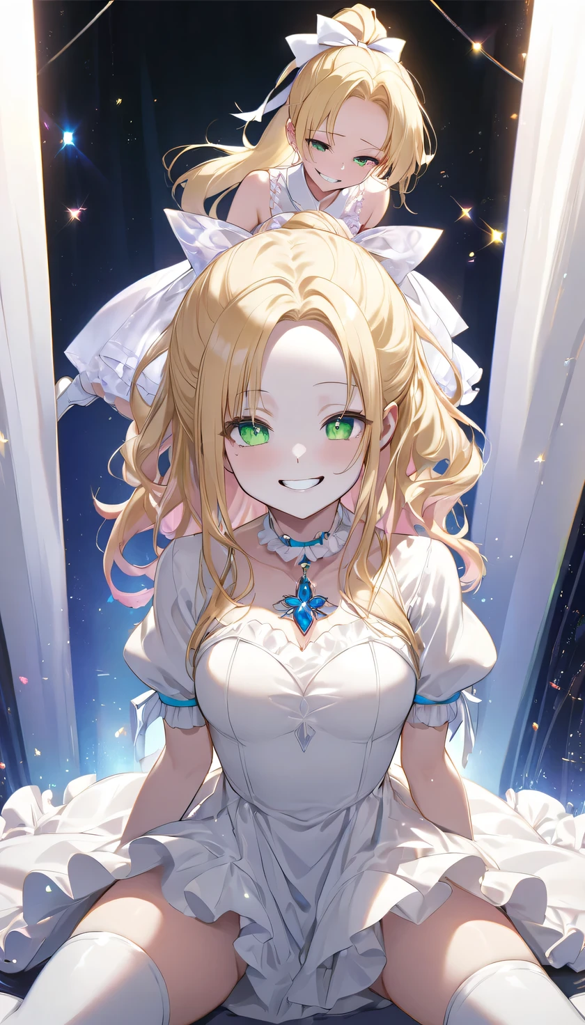 1girl, Fluffy hair, blondes, long ponytail, forehead, white ribbon, white dress with frill and blue jwel, back, White ribbon on chest、white wrist cuffs, thighs, white boots with pink shoestring, white choker, Sparkling green eyes, Transparent white skin、(Grin)、Detailed Pretty Dresses, (Angle from front and below), A colorfully lit live stage、(facesitting:1.5), 1boy, the boy is lying under the girl, the girl is sitting on his face, The boy has a painful expression、(The girl holds the boy&#39;s legs under her arm), The boy is photographed from head to thigh, パイルドライバー、close up thighs, 