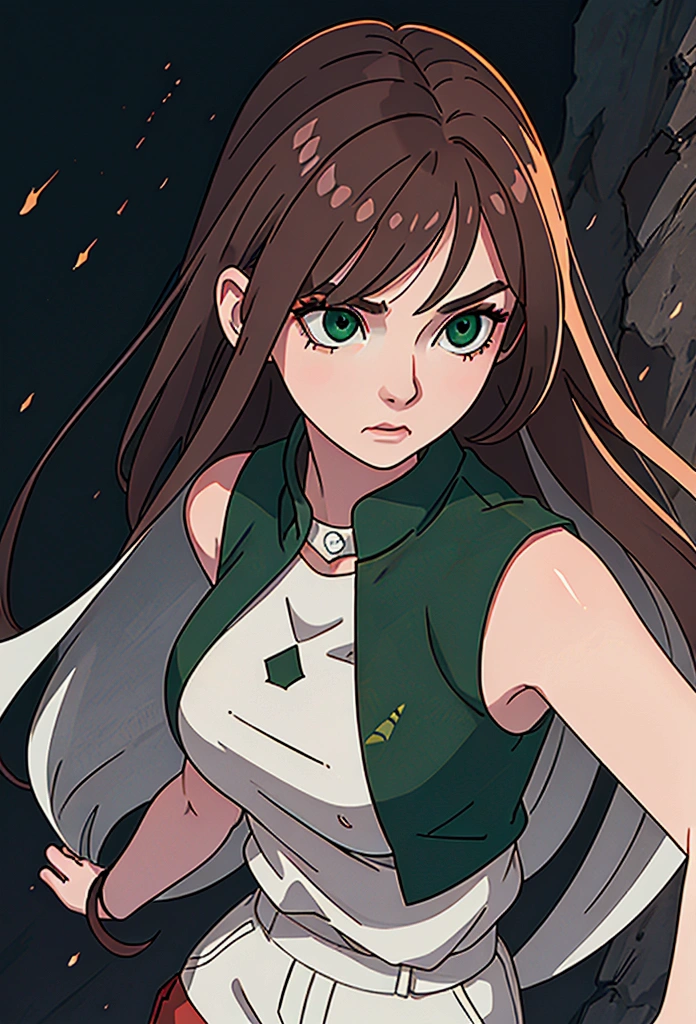 (masterpiece, side lighting, finely detailed emerald eyes : 1.2), simple animated drawing, close-up face view, pale skin, animated, adult female, [emotionless, angry, darkened eyes, long neat hair, side swept bangs, brown hair, wearing a short t-shirt in front and long in back, with a clan symbol on the bottom of the fabric, the shirt is sleeveless and white. Dark red shorts, plain and with pockets. Looking down. View from below. Side pose. Dark field background. She's adult and mature. She's from Naruto Shippuden, manga. Beautiful and attractive. 