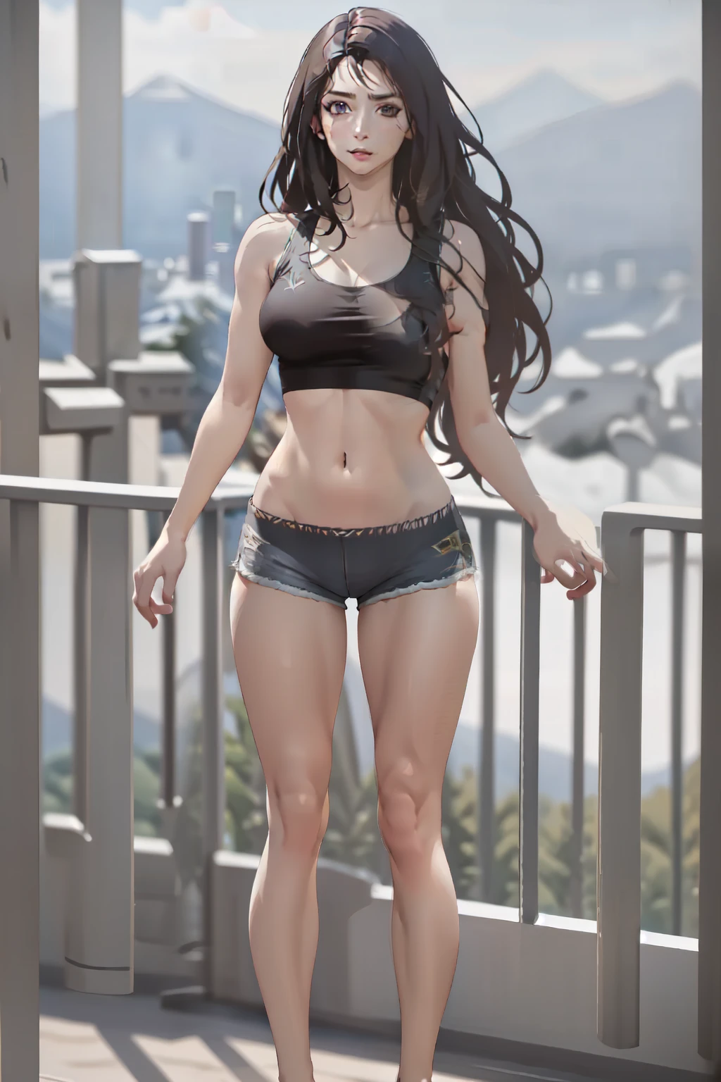 kaisa league of legends, fully body, perfectbody, with a short tank top,shorts sports, Super long hair, face detailed, on a mountain, high resolution, super detaill, 8k, Overview
