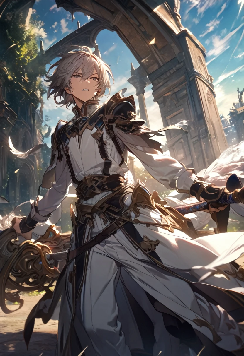 ((Highest quality, High resolution, Very detailed)),male、Sandalphon from Granblue Fantasy、Sunset sky、Staring straight ahead, surrounded by light and a blizzard of feathers、decision、Serious、Sparkle、Blue and white、gem、dream、Anime Art Wallpapers 8K,Fantasy
