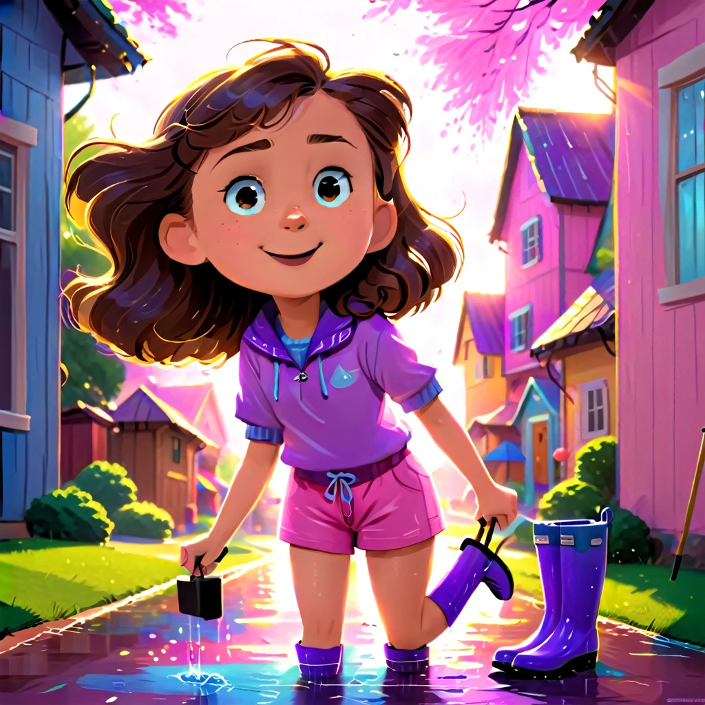 Clara, a   girl, with brown wavy hair, happy expression, she is drawing, wearing pink shorts, purple shirt and blue rain boots. Detailed face, intricate details, colorful, cozy setting, beautiful lighting, soft pastel colors, warm tones, cinematic composition, award winning illustration, thick lines outlining the image, highly detailed, photorealistic, 8k, masterpiece, professional, award winning, cinematic lighting, soft focus, beautiful composition, consistent character.