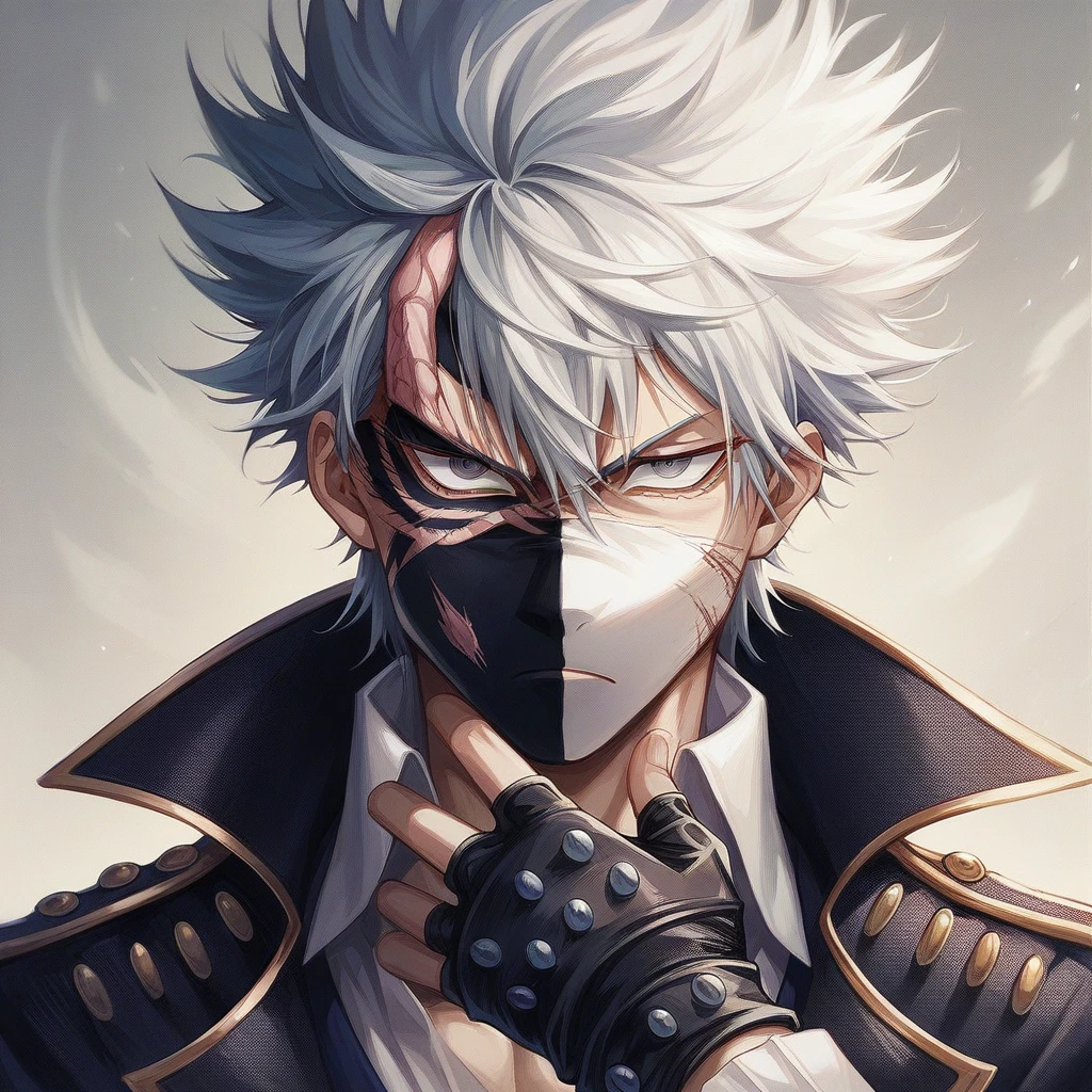 Man, muscular, medium-length white hair, bloodthirsty look, loose white pants, black fur cloak, gas mask, black smoke around him, crows around, scars on his body, crow tattoos, blood all over his body, "Anime character design inspired by One Piece, full of dramatic and impressive lighting, focus on the centralized character, impressive face, full of creative details, ultra-fine 4K design, scenery bathed in creativity, boasting 2D anime resolution clarity, HD anime graphics, high-octane rendering"