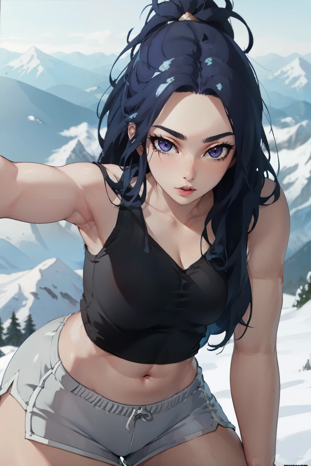 kaisa league of legends, fully body, perfectbody, with a short tank top,shorts sports, Super long hair, face detailed, on a mountain, high resolution, super detaill, 8k, Overview
