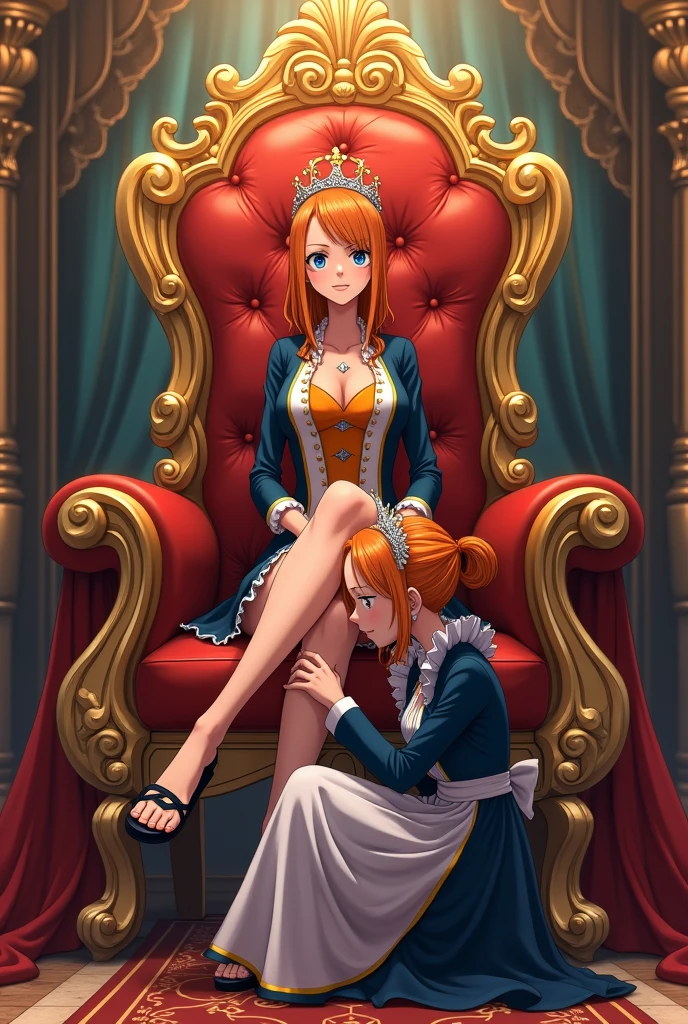 Nami,orange hair,red eyes,small breasts,slender waist,narrow waist,smile sandals,short hair,closed mouth, score_9, score_8_up, score_7_up, score_6_up, score_5_up, score_4_up, BREAK, source_cartoon, source_anime,uncensored, sitting, crossed legs, throne, looking down, from bottom, looking at viewer, masterpiece, best quality, femdom, sadism, trampling, stepped on, penis, testicles, sandals crushing penis, footjob, cum on feet, nsfw, uncensored, miniskirt, striped shirt