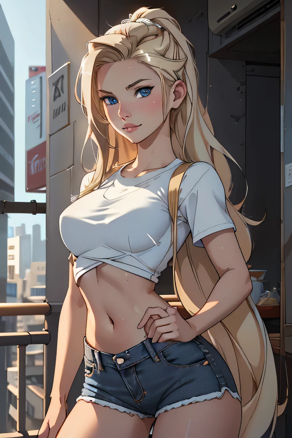 (best quality: 1.2), clean face, (masterpiece: 1.2, 8k) perfect anatomy, 1girl,a beautiful fashion model ,(masterpiece, official art, best quality shiny hair, blonde hair with streaks in hair, full lips, big breasts, looking at viewer, revealing outfit, absurdity, intricate details, dynamic pose, club, , wearing short shorts and a tight white top, cleavage, shiny body, thong straps, open shorts, celebrity, sunglasses, stripping in public, exhibition