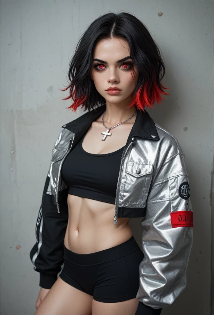 há uma mulher com roupa de couro e uma tatuagem na barriga, cenário cyberpunk, ciberpunk outfit, roupa cibernética gótica, ciberpunk style outfit, wearing ciberpunk leather jacket, gothic - ciberpunk, wearing ciberpunk streetwear, estilo sombrio e sensual, all black ciberpunk clothes, cibergótico, ciberpunk))))), seductive ciberpunk dark fantasy, ciberpunk streetwear, ciberpunk femme fatale