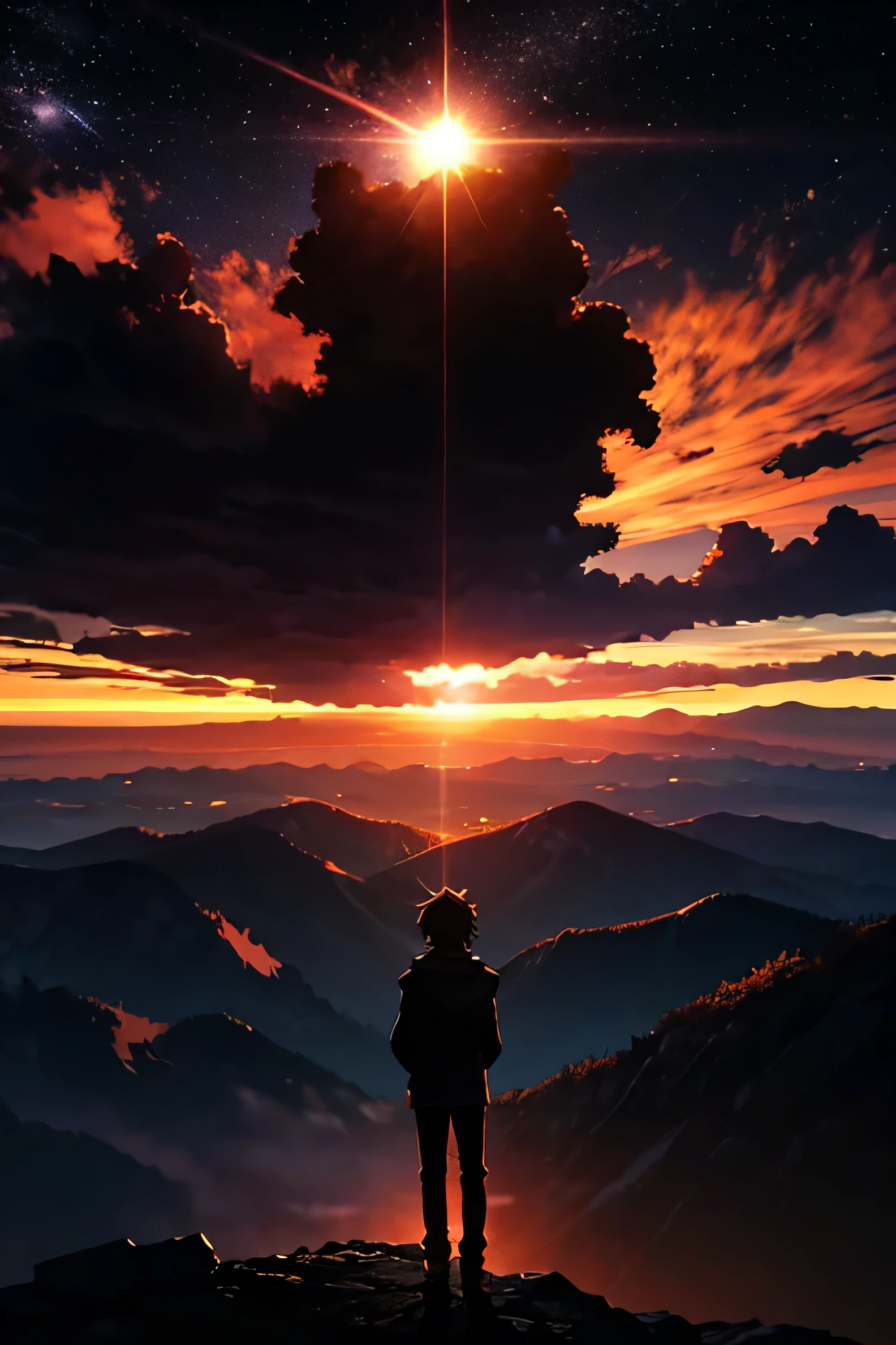 Create the following image in anime style: A young protagonist, With determined expression, Standing on top of a mountain, looking at a distant horizon covered by dark clouds. The sun begins to set behind the clouds, lighting the path ahead with a soft glow, symbolizing hope and determination to face challenges.