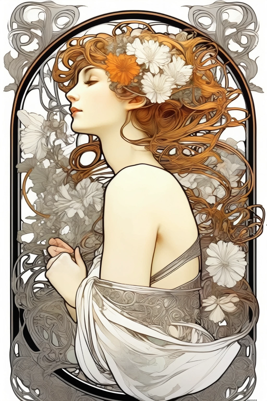 Alphonse Mucha Style - white background, Art Nouveau in the Mucha style, Bold line, High Contrast, black, white, No Gray, detailedとインクの輪郭が鮮明で高解像度, No Shading, intricate detailed frame border drawn by Alphonse Mucha, South Korea, white Elephant, Flowers, artistic, ファイナルFantasy, Natural light, detailed, Realistic Forest, Coloring book, Bold line, detailed度が低い, No Shading, Fantasy, ファイナルFantasy character, Realistic details, Coloring Book, Bold line, white background, 8k、Valkyrie