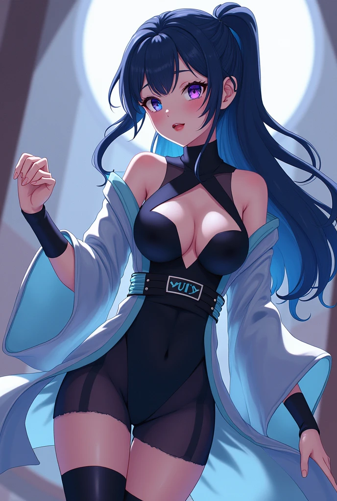 masterpiece, best quality, solo girl, full body, dark blue hair, blue eyes, long hair, medium breasts, sexy body and face, wavy hair, smile, parted lips, gradient clothes, dress, elbow gloves, sleeveless, bare shoulders, cape, boots, bracelet, sleeveless dress, ribbon, black gloves, turtleneck, short dress, pantyhose, black footwear, night, sexy pose, cowboy shots, detailed body, face, and eyes, sharp focus, vibrant, creative, dynamic, high definition, high resolution, 8k, (Upscale: R-ESRGAN 4x+ Anime6mage enchance:4x), voluptuous body, cinema lightning, dakimakura style, looking at the viewer,