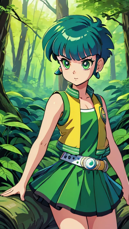 (s:1girl: ppgzbtc), (extremely detailed CG unit 8k wallpaper),(master part), (best quality), (ultra detail), (best illustration),(digital art), standing, neutral pose, cowboy shot, (Sharp eyeliner, ombre, detailed eyes:1), forest, outdoor, ,break , (takahashi rumiko), upper body, (green eyes, short hair, earrings, yellow vest, green skirt)