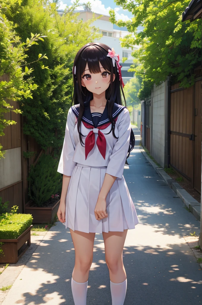 Masterpiece, hd, best quality, quality, masterpiece, photorealistic, 1girl, solo, standing, long black hair, straight hair, blunt bangs, looking at viewer, smile, cowboy shot, cyb dress, bow, apron, frills, puffy short sleeves, hair ornament,v,simple background, wearing red school backpack, (school backpack:1.2), plastic model, pvc