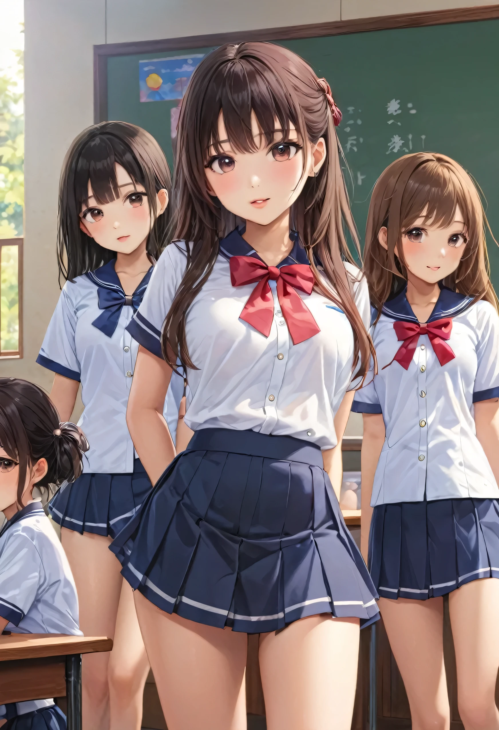 ((masterpiece, Highest quality, High resolution, 超High resolution, Pixel Perfect, Written boundary depth, 4K, RTTX 10.0, Human Development Report))), , beauty、View the whole body、(masterpiece: 1.2, Highest quality, masterpiece, Clearer images), (Bright colors), ((Take clear photos even from a distance)), (Multiple Girls), (harem), (School classmates), (((All school uniforms have the same design))), (((Everyone is wearing the same design skirt))), (((Everyone is wearing a swimsuit of a different color and design..))),(()), ((prostitution woman)), (In the classroom), (笑face)、((Young people))、(cute Japanese((6 Girls))), (((infant'face))), ((Group shot)), (Group Selfie), ((I can see your butt from your thighs))、Wide-angle, Soft Light,(((Blazer uniform, Checkered Pleated Skirt)))、(Slightly larger breasts), ((prostitution)), ((Audiences love it)), landscape、(((Showing panties:1.6)))、((Grab your chest:1.3)),(((Good lift:1.2)))、 ((Green Eyes, Beautiful eyelashes, Realistic eyes)), ((detailed face, blush:1.2)), ((Smooth texture:0.75, Vibrant Texture:0.65, Vibrant:1.1, Anime CG style)), Mid-chest, Perfect body, Beautiful curves、Beautiful feet、thin、笑face, attractive way to sit,((Crouching pose)), Aerith Gainsbourg, Hair Ribbon, bracelet, Brown Hair, Side Lock, Parted bangs, Green Eyes, Braiding, ((()Award-winning designer underwear))、(((Everyone wears different colors and designs of underwear..))),Showing panties、((((Leg spread:1.4)))、((Grab your chest:1.3)),(((Good lift:1.2)))、Close one eye、Push out'between legs、Detailed description of between legs、Knee-length white loose socks、Selfie、peace sign