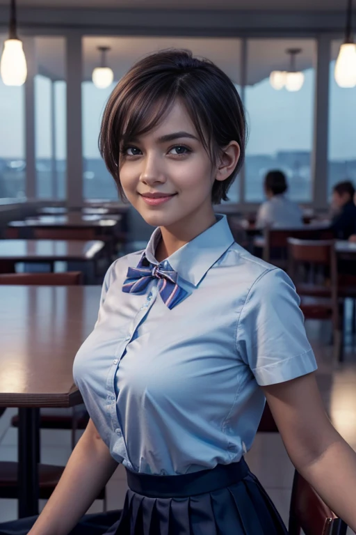 masterpiece, highest quality, best quality, 1girl, solo, looking at viewer, , tezuka rin, (armless amputee:1.2), brown hair, collar, collared shirt, (double amputee:1.2), green eyes, katawa shoujo, red necktie, shirt, short hair, solo, white shirt, grin, accurate teeth with gaps