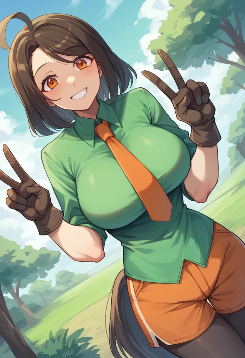 Ass support, nsfw:1.3, 8K,hightquality,masterpiece,1girll, SOLO, purple eyes, brown hair, seven deadly sins, diane, breasts, inverted_nipples, twintails, cleavage, orange leotard, large breasts, leotard, gloves, fingerless gloves, blush, backpack, bag, outdoors, nature, single glove, long hair, forest, puffy sleeves, bush, short sleeves, elbow gloves, grass, trees