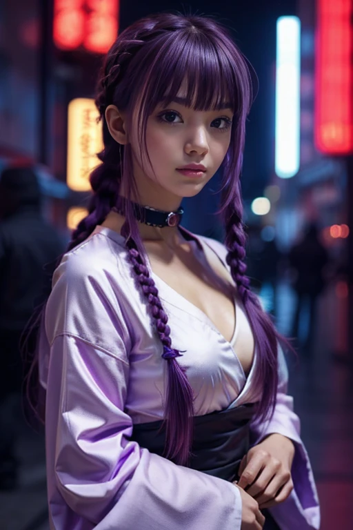 1 girl, blunt bangs, braid, wide sleeves, hair ornament, japanese clothes, red obi, (purple hair:1.2), very long hair, Straight hair, looking at the viewer, very detailed background, (realistic photo:1.2), detailed eyes, red eye shadow, depth of field,airtight, (ulzzang-6500:0.7), Upper part of the body, (Alone:1.2), (cyberpunk city:1.1), neckline, (finger on lips:1.1),shiny skin
