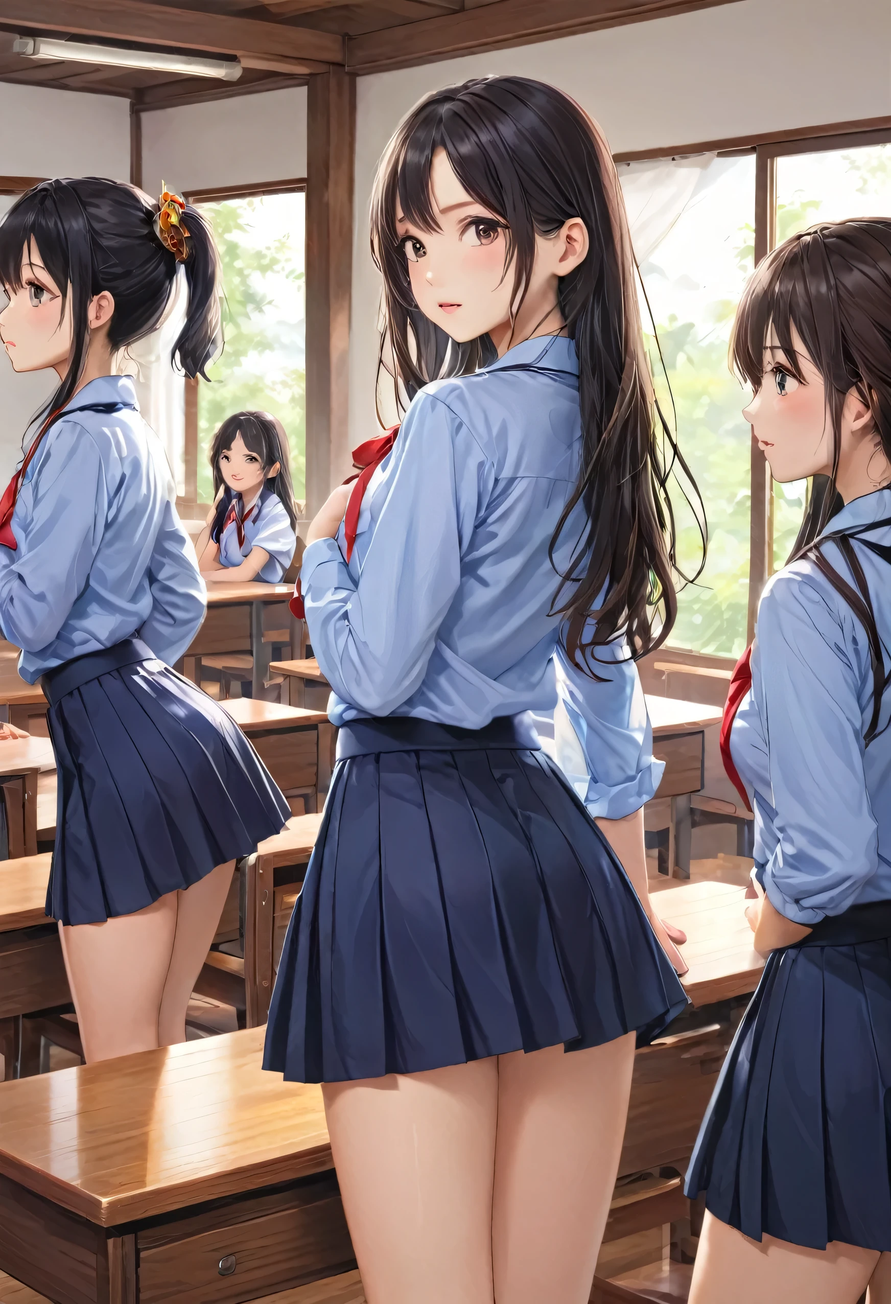 ((highest quality、High resolution、masterpiece))、(((2girls))), Portrait、A beautiful woman、Perfect body、beautiful ample breasts、classroom、high school girl、Sailor suit、Embarrassed、((Lift up your skirt and show your panties))、I&#39;m tempting you