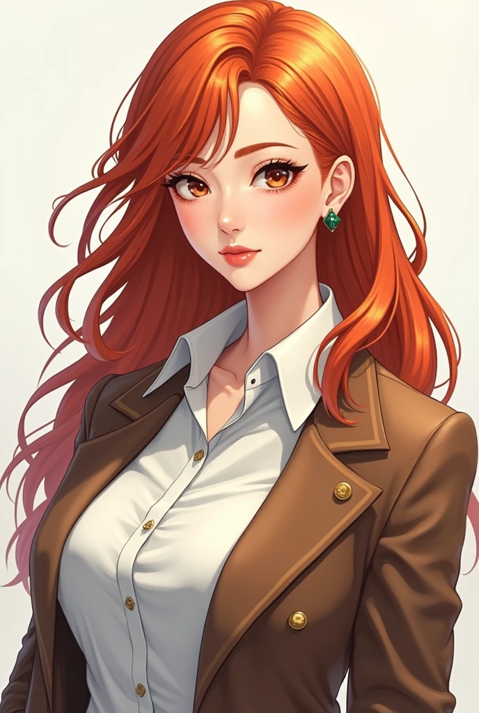 One Hot beautiful milf,tall , perfect body, triangle earrings,red hair,white shirt,black skirt,red lipstick,sharp jawline,face makeup,hair bun ,big breasts, cleavage , smile ,blazer, eyeliner, eyeshadow, detailed face,1 girl
