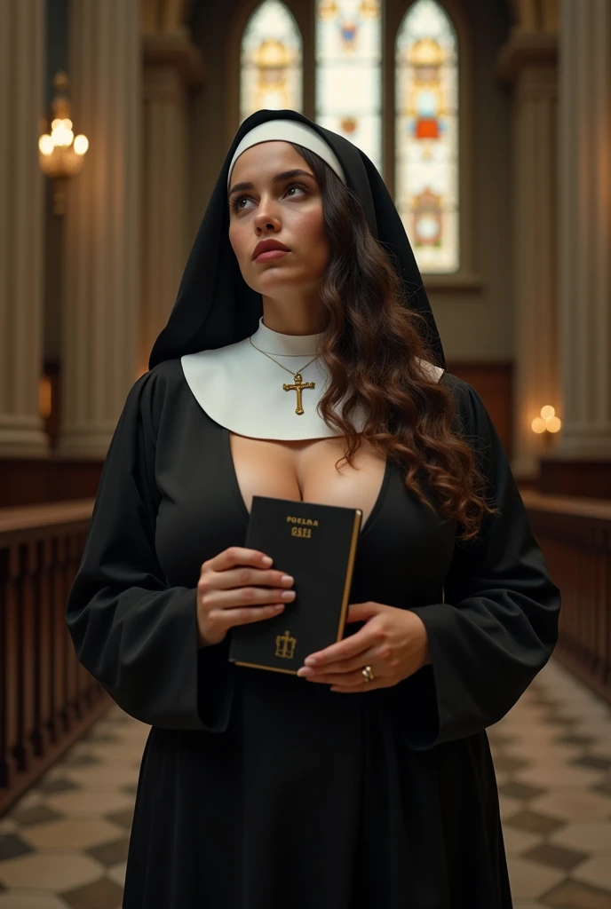Beautiful Spanish woman、Black Hair、With bangs、Smiling with teeth showing、Cross necklace、BigBreasts、Sexy body、White monastic vestments、Nuns、Standing in the church
