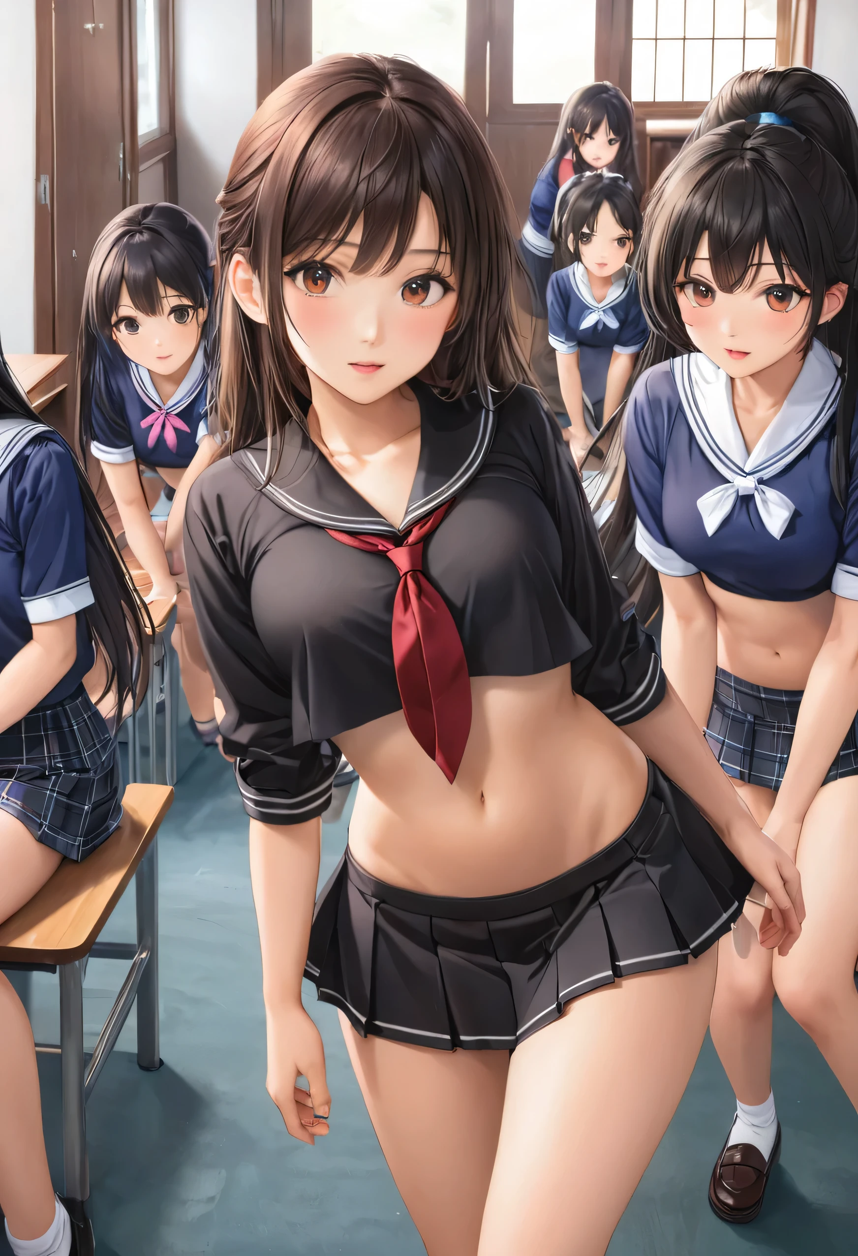 A bunch of girls in classroom, ((crop top sailor suit)), blue student skirts, open navel, open belly,