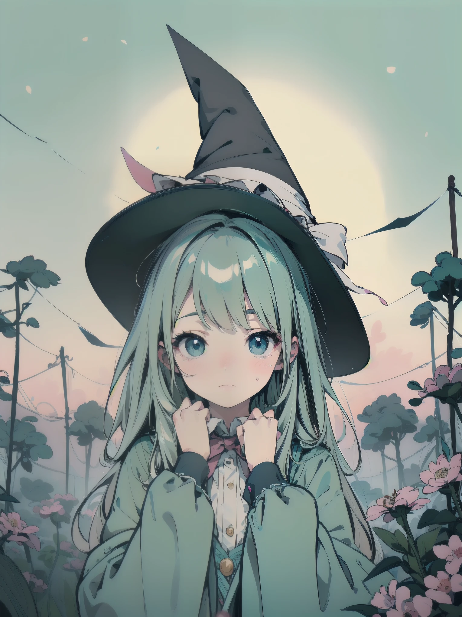 🎶, (🧙‍♀️), ✡, ✨(hat), , Alice in Wonderland, Alone, very beautiful, cute, adorable, embarrassed, alone, blue eyes, look at viewer, looking up, kawaii tech, pastel colors, kawaii, cute colors, Alice in Wonderland, alone, very beautiful, cute, adorable, embarrassed, alone, blue eyes