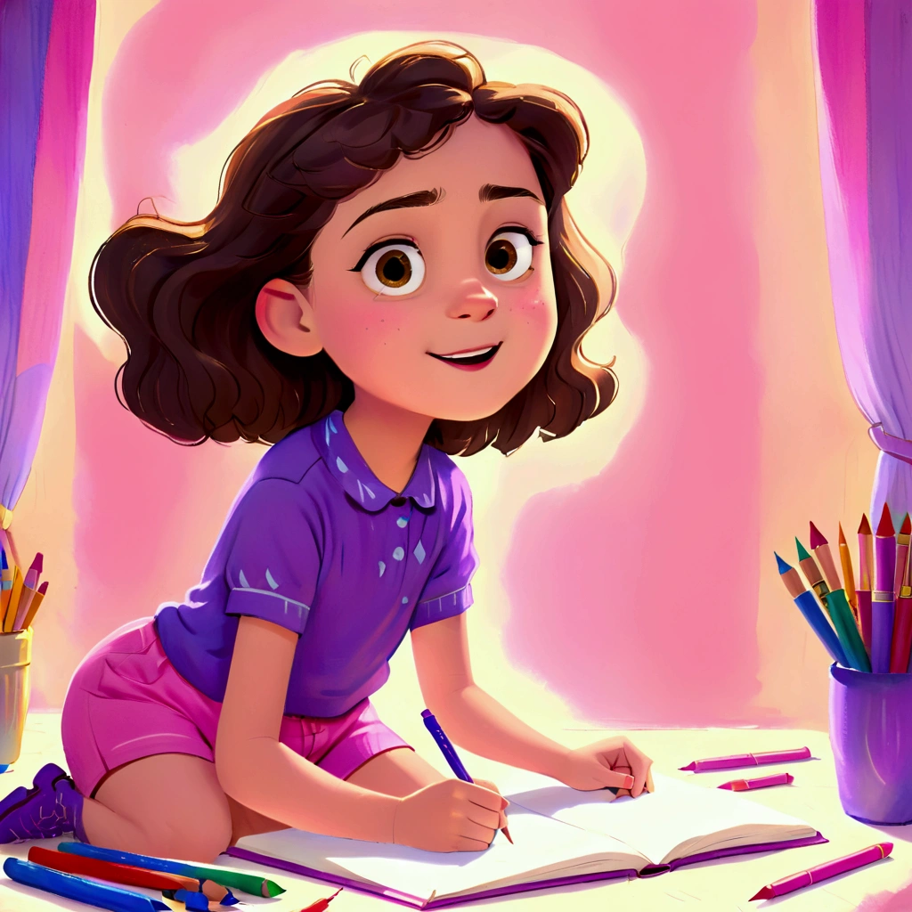 Clara, a  girl with brown wavy hair, drawing with crayons, happy expression, wearing pink shorts, purple shirt and blue boots. Detailed face, intricate details, colorful, cozy setting, beautiful lighting, soft pastel colors, warm tones, cinematic composition, award winning illustration, highly detailed, photorealistic, 8k, masterpiece, professional, award winning, cinematic lighting, soft focus, beautiful composition, consistent character. The illustration should be simple and clean. The style of the illustration resembles a classic children's book, combining a Disney cartoon with a watercolor illustration with thick lines outlining the image.