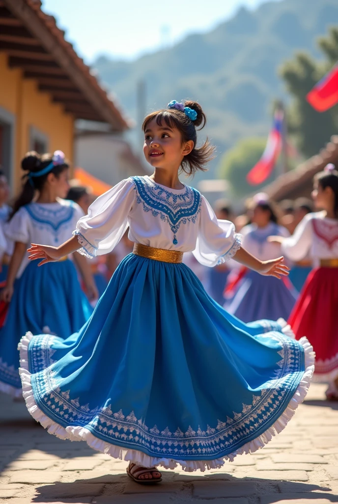 Beautiful girl with semi-long black hair dancing Guatemalan dance