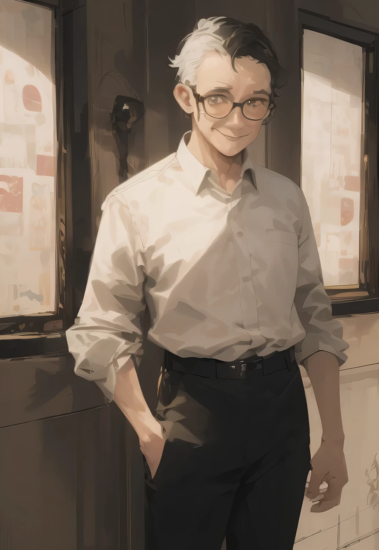  Mature Men, elder,, Slender, short hair, Black Hair、Brown eyes,  Glasses, Black-rimmed Glasses,, Stubble,White shirt, Black trousers, Are standing,smile、Looking at the camera