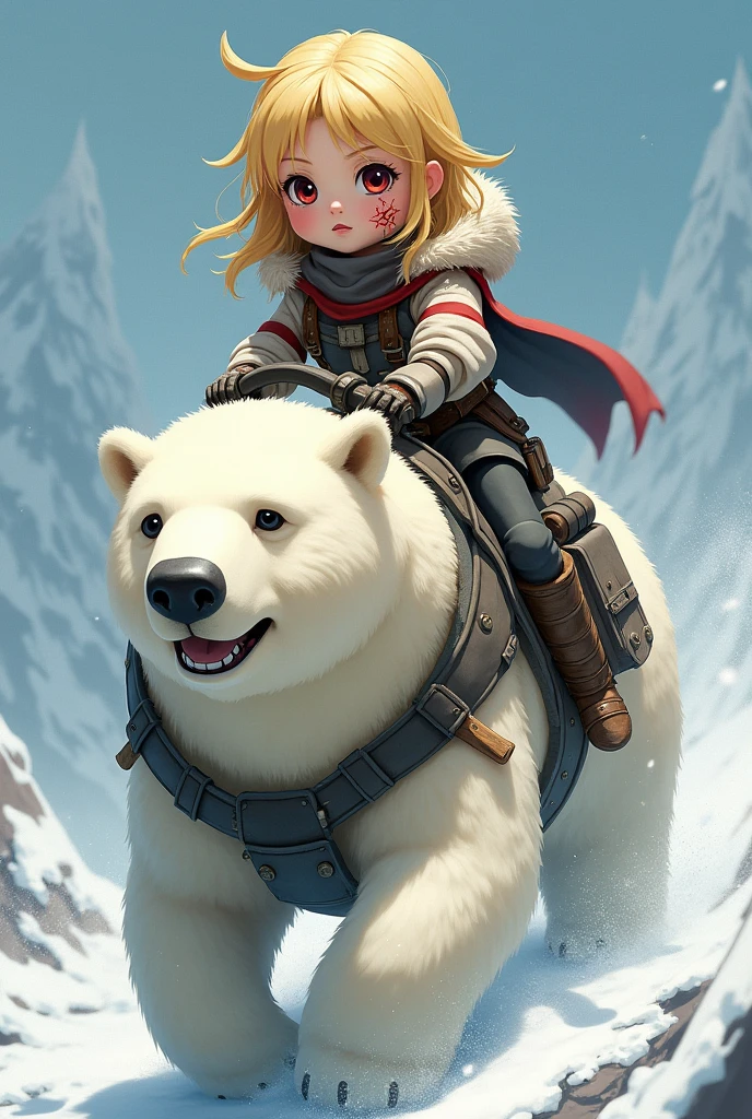 Cute blonde hand drawn animated girl haviing war scars all over her face and riding a war equipped polar bear

