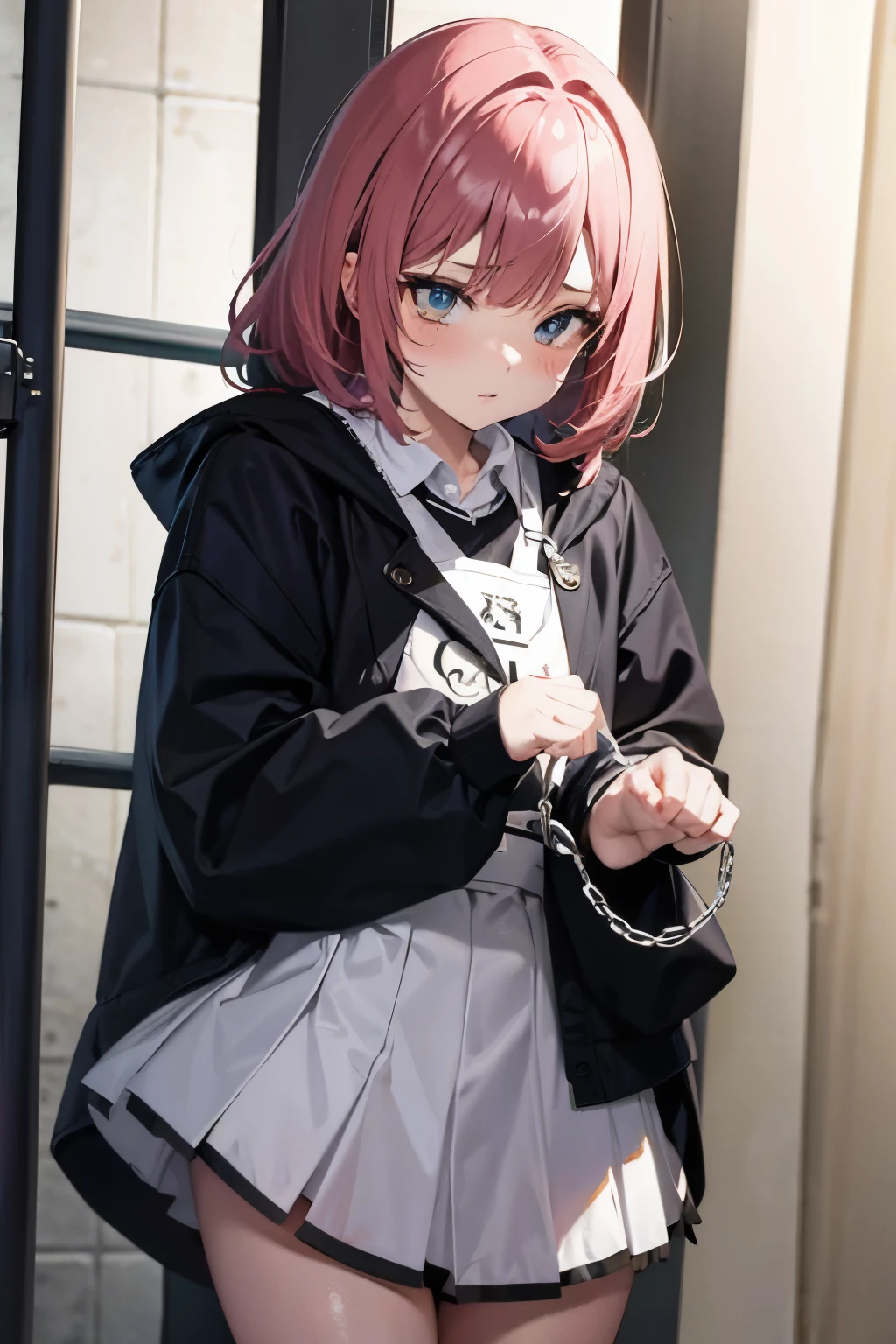 Anime girl in jail was handcuffed