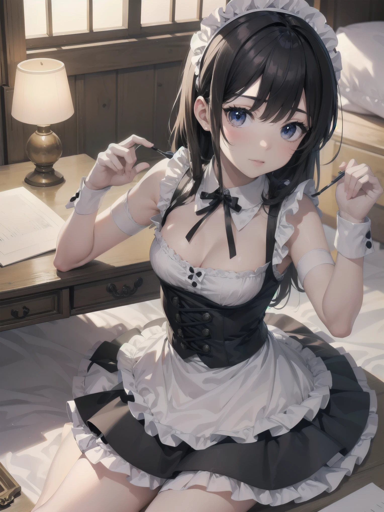 high-level image quality、top-quality、Detailed drawing、Does not blush cheeks、Slender adult beauty、maid clothes、White swimwear、Small eyes、knee high、Stockings、Medium chest、straight haired